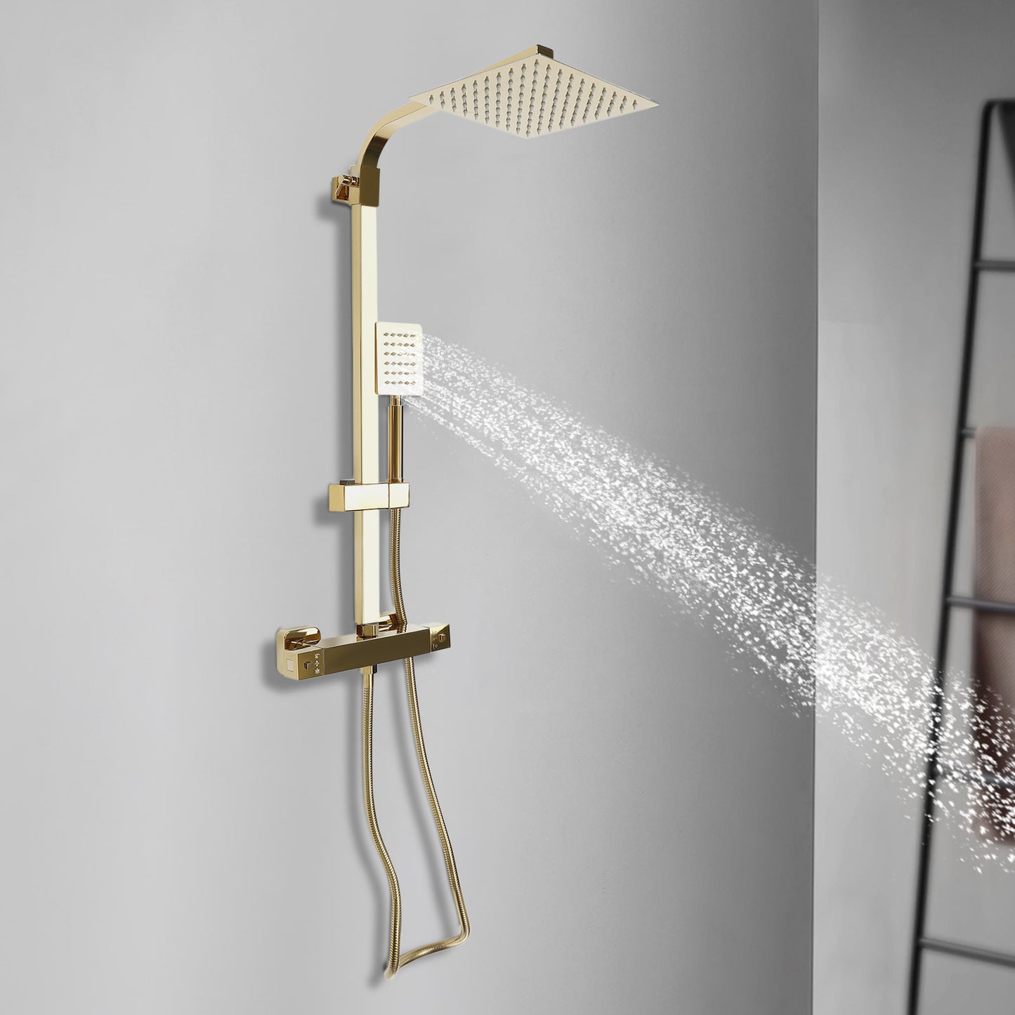 Thermostatisch Douche Systeem – Douche Set – Douchekop – Regendouche – Badkamerkraan – Gouden Kleur – Hoogwaardig Messing – 20 cm Vierkante Hoofddouche