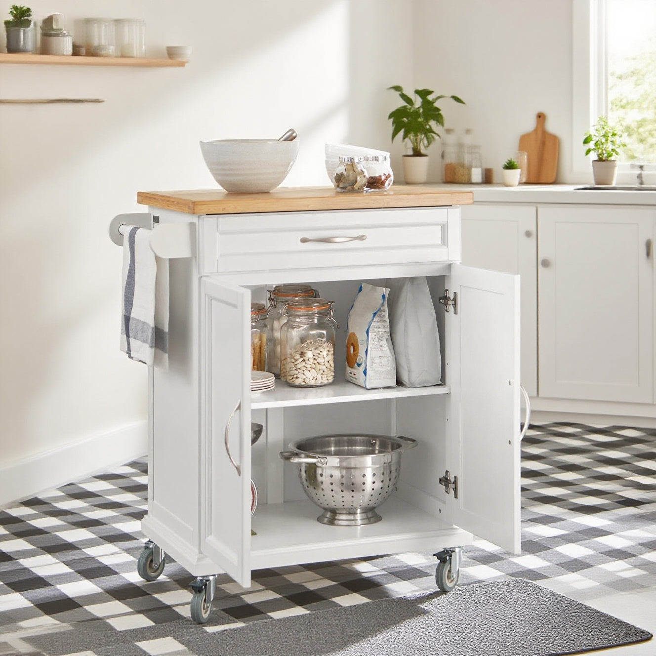 Keukentrolley – Keukenwagen – Serveerwagen – Keukenkast – Opbergtrolley – Bamboe Werkblad – 66x45x91 cm – MDF Frame – Verrijdbaar met Remmen