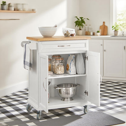 Keukentrolley – Keukenwagen – Serveerwagen – Keukenkast – Opbergtrolley – Bamboe Werkblad – 66x45x91 cm – MDF Frame – Verrijdbaar met Remmen