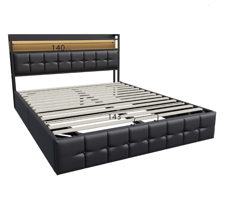 Led-bed – Gestoffeerd bed – Tweepersoonsbed – Opbergbed – Boxspring bedframe – 160x200 cm – Hydraulisch frame – LED-verlichting