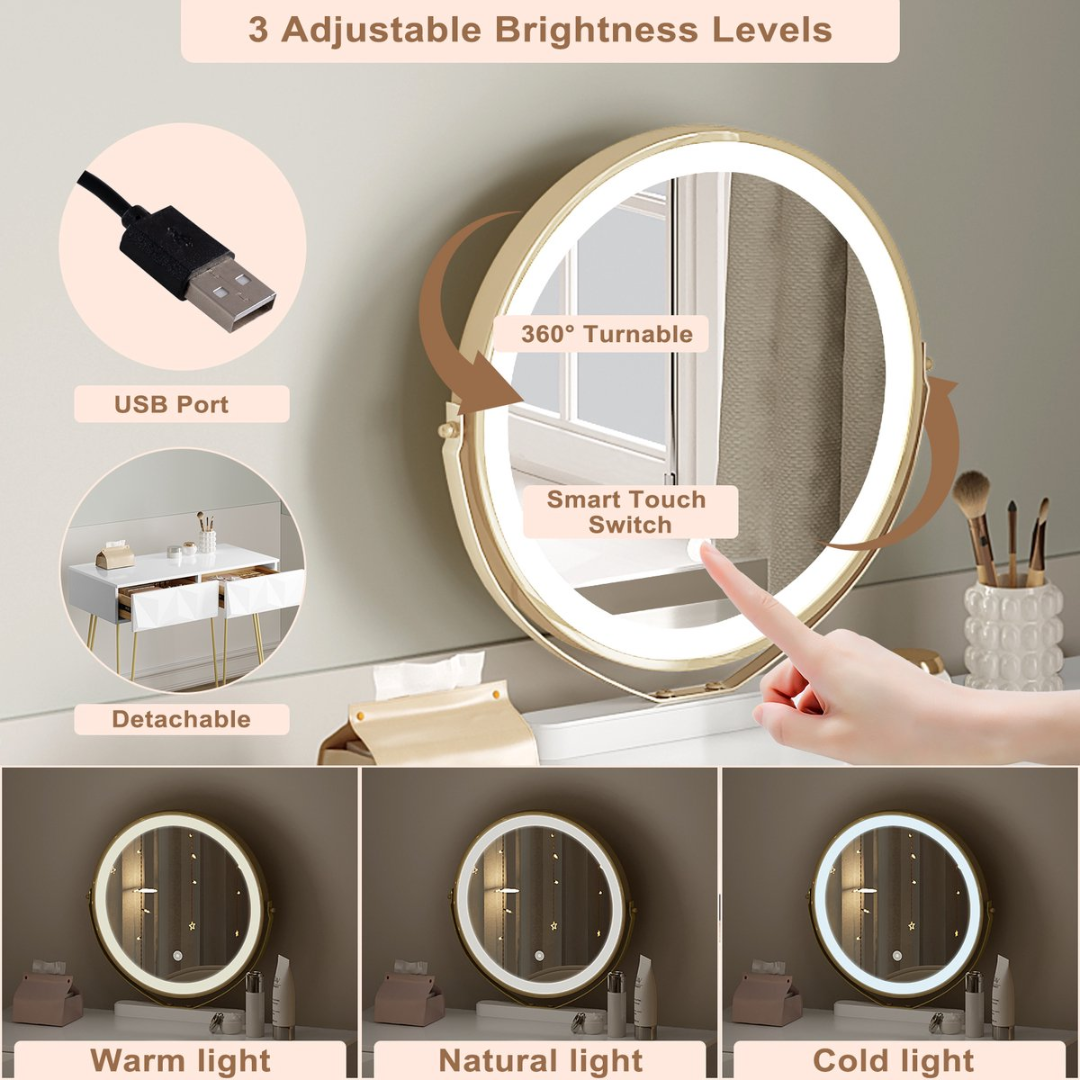 Make-up Tafel Set met 3-Niveau Verstelbare LED Spiegel en Fluwelen Stoel – 80x40 cm – Dressoir voor Slaapkamer – Perfect Cadeau voor Meisjes en Vrouwen