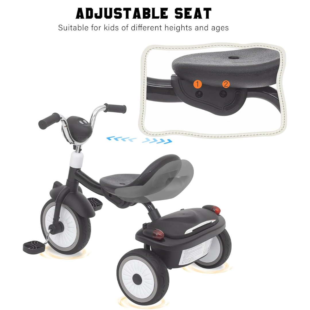 Driewieler voor Peuters – Kinderfiets Opvouwbaar met PU Wielen – Verstelbaar Zadel – Met Voorlamp & Opbergmand – 1 tot 3 Jaar – Zwart