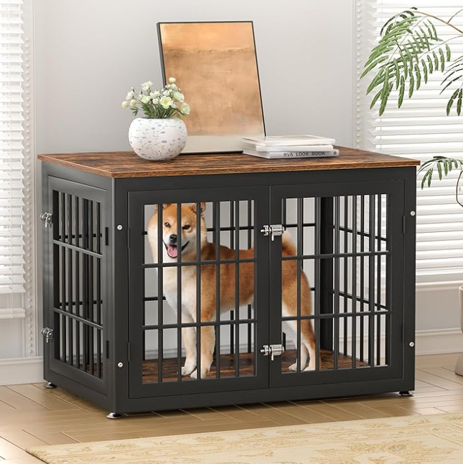 Hondenbench – Hondenkooi – Bench – Hondenhuisje – Dierenkooi – 3 Deuren – Uitneembare Lade – Metaal Met Houtlook – Maat M – Zwart