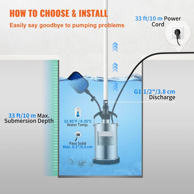 Vevor - Water pump - Sewage pump - Submersible pump - Clean water pump - For pumping water from swimming pools - 9500L/H b - 550W - Silver