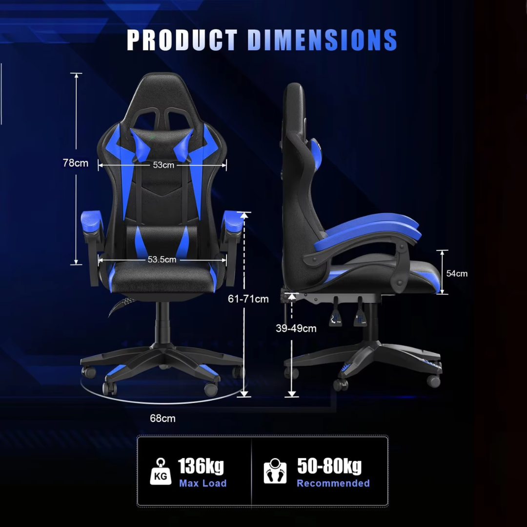 Gaming Stoel met LED Verlichting – Ergonomische Gamestoel met Hoge Rugleuning en Hoofdsteun – Verstelbare Bureaustoel voor Gamers – Comfortabele Computerstoel – Zwart met Blauw Design