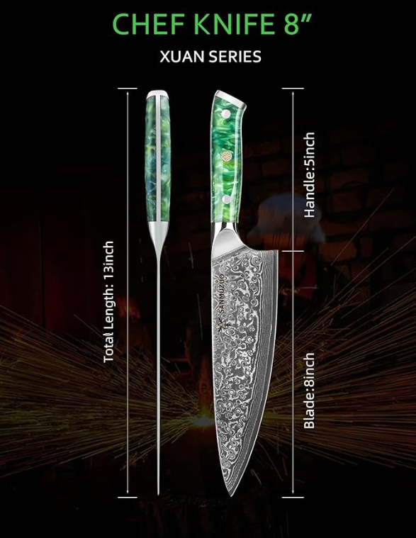 Koksmes – Keukenmes – Santokumes – Broodmes – Universeelmes – VG10 Damascus Staal – Resin Handvat – 3-delige Set – Groen