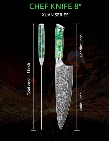 Koksmes – Keukenmes – Santokumes – Broodmes – Universeelmes – VG10 Damascus Staal – Resin Handvat – 3-delige Set – Groen