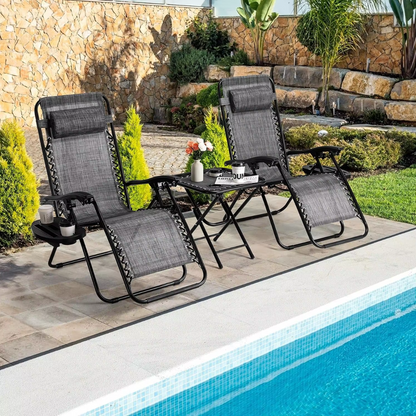 Ligstoelen Set met Tafel - Loungeset Buiten - Verstelbare Tuinstoelen - Campingstoelen - Opvouwbare Strandstoelen met Hoofdkussen en Bekerhouder - Grijs