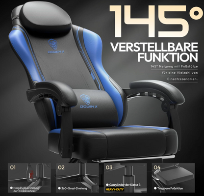 Gamingstoel – Bureaustoel – Racestoel – Ergonomische Stoel – Computerstoel – Met Voetensteun – 136 KG Draaggewicht – Verstelbare Hoogte & Rugleuning – Zwart/Blauw
