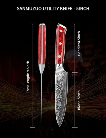 Messenset – Keukenmessen – Broodmes – Utility Mes – Santokumes – Rood – VG10 Damascus Staal – Resin Handvat