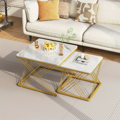 Koffietafel Set – Salontafel – Bijzettafel – Woonkamertafel – Moderne Tafel – Hoogglans Marmer Design – Verstelbare Pootjes 60x60x45cm & 45x45x40cm