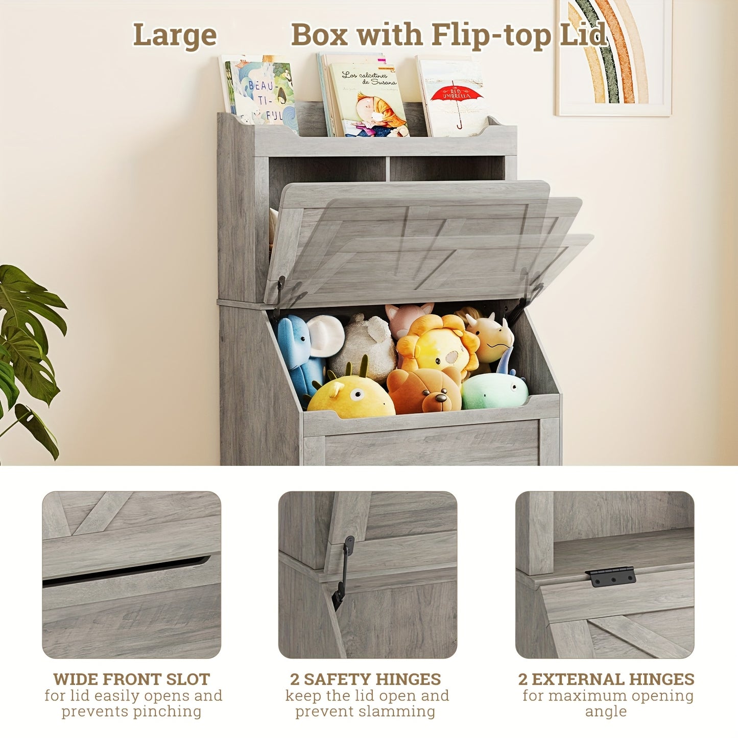 Boekenplank – Boekenrek – Wandplank – Opbergplank – Wandrek – Modern Grijs – 3 Vakken Met Flip-Top Deksel – Duurzaam MDF En Massief Hout