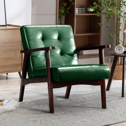 Mid-Century Modern Fauteuil – Lounge Stoel – Slaapfauteuil – Chaise Lounge – Zetel – Donkergroene PU Leder – Massief Houten Frame – Comfortabele Gewafelde Rugleuning