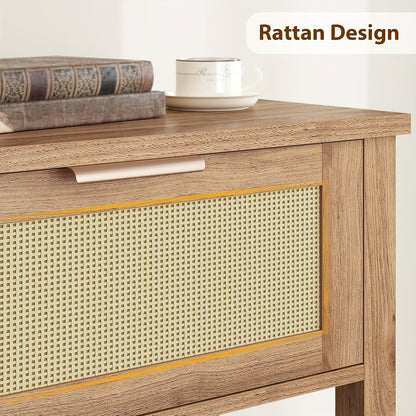 Haltafel – Sidetable – Dressoir – Opbergtafel – Console – 110x30x79 cm – Gerecycled Caramel Eikenhout – Boho Rattan Met 2 Lades