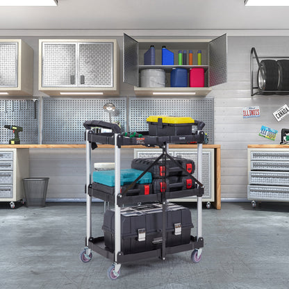 Opvouwbare Servicekar – Transportkar – Stevige Kar – Trolley – Werkwagen – 3 Planken – Draagkracht 165 kg – Vergrendelbare Zwenkwielen