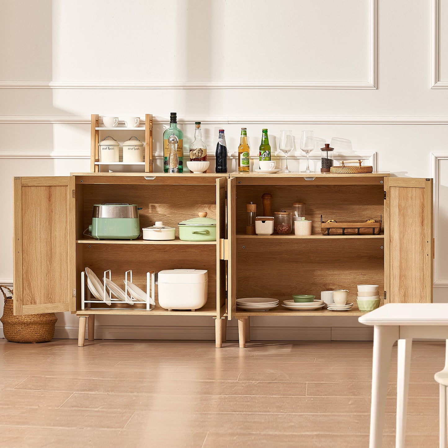 VEVOR Rattan Cabinet with 4 Magnetic Doors & Adjustable Shelves Set of 2 Natural