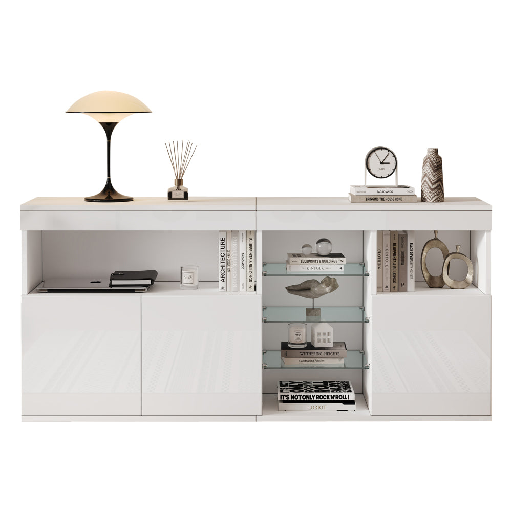 Modern Minimalist Handle-Look-Free Cabinet Suitable for Small Spaces - 3-Door Glass Shelf Storage Unit, Metal Frame Contemporary Sideboard for Living Room, Dining Room, Sofa - Assembly, Wood-Free (Some Assembly Required)