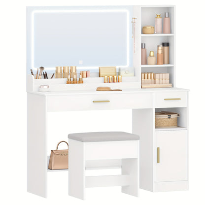 Kaptafel – Make-uptafel – Schminktisch – Toilettafel – Dressing Table – Wit – Grote Spiegel 69x50 cm – 2 Ruime Lades en Opbergvakken