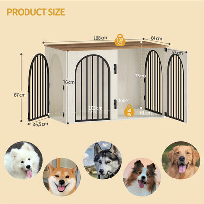 Hondenbench – Hondenkooi – Huisdierbench – Hondenkooi Meubels – Hondenkooi Indoor – 3 Deuren Met Bogen – Zwaar Metalen Frame 108x64x76 cm Wit Bruin