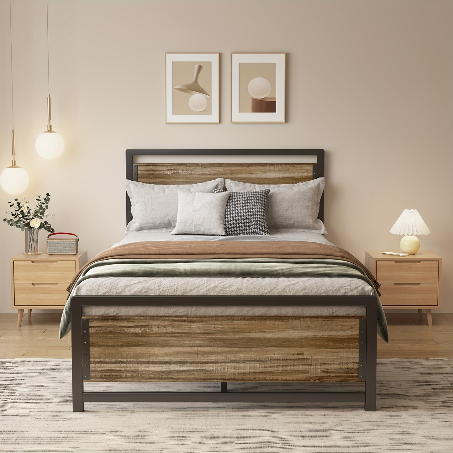 Bedframe – Platformbed – Eenpersoonsbed – Tweepersoonsbed – Bedframe Met Hoofdbord – 120x200 cm – Metaal En Hout – 35 cm Opbergruimte Onder Bed