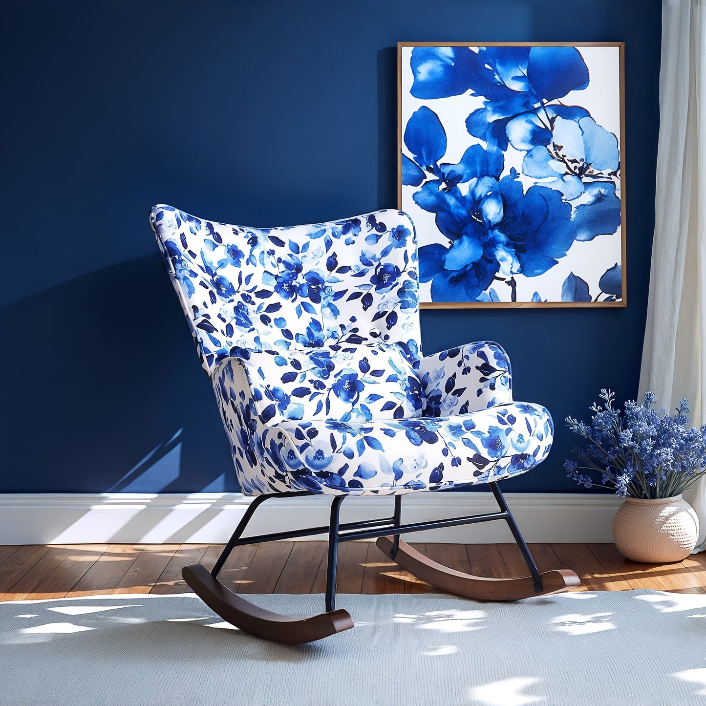 Schommelstoel – Relaxstoel – Fauteuil – Loungestoel – Schommelstoelen – Ergonomisch Hoog Rugleuning – Metaal Frame Met Massief Houten Schommelbasis – Antislip Houten Poten – Blauw Bloemenpatroon