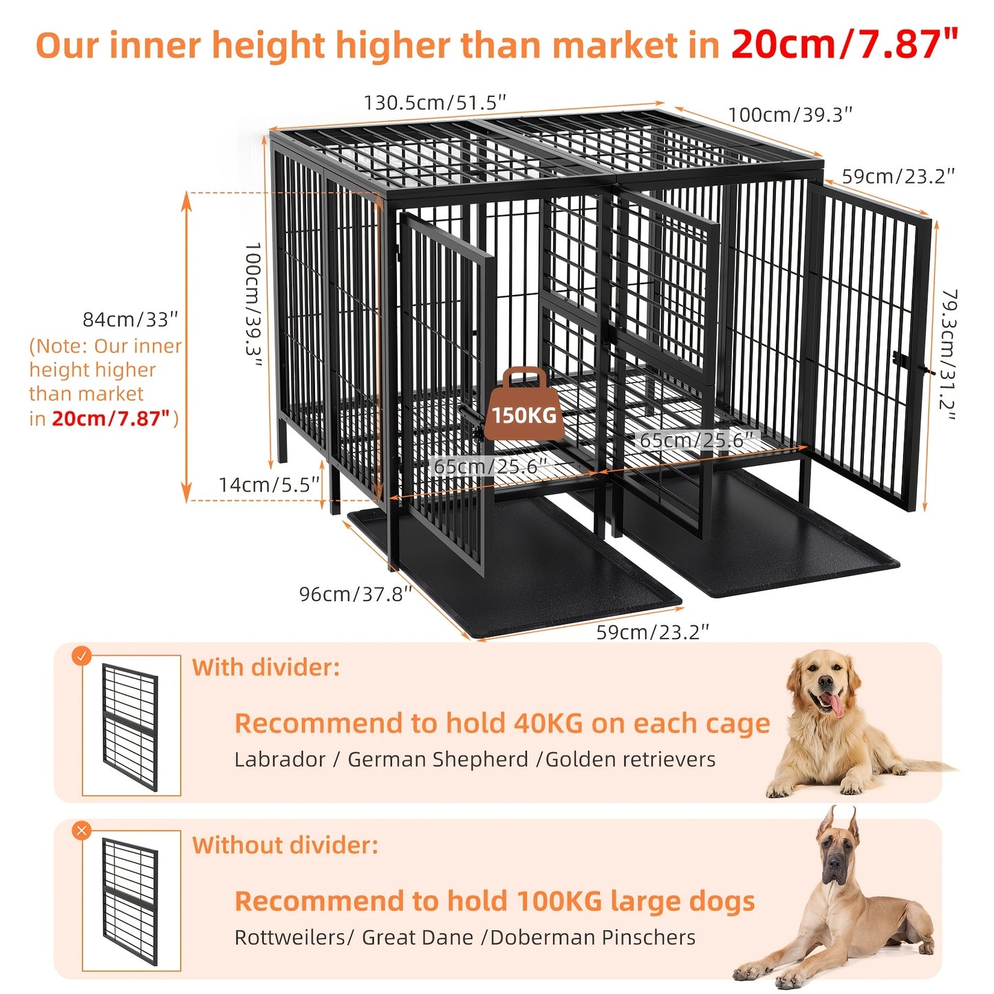 Hondenbench XXL – Hondenkooi – Hondenhok – Kennel – Bench – Dubbele Deuren – Zwaar Metalen Staal 130x100x100 cm