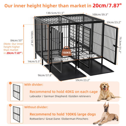Hondenbench XXL – Hondenkooi – Hondenhok – Kennel – Bench – Dubbele Deuren – Zwaar Metalen Staal 130x100x100 cm