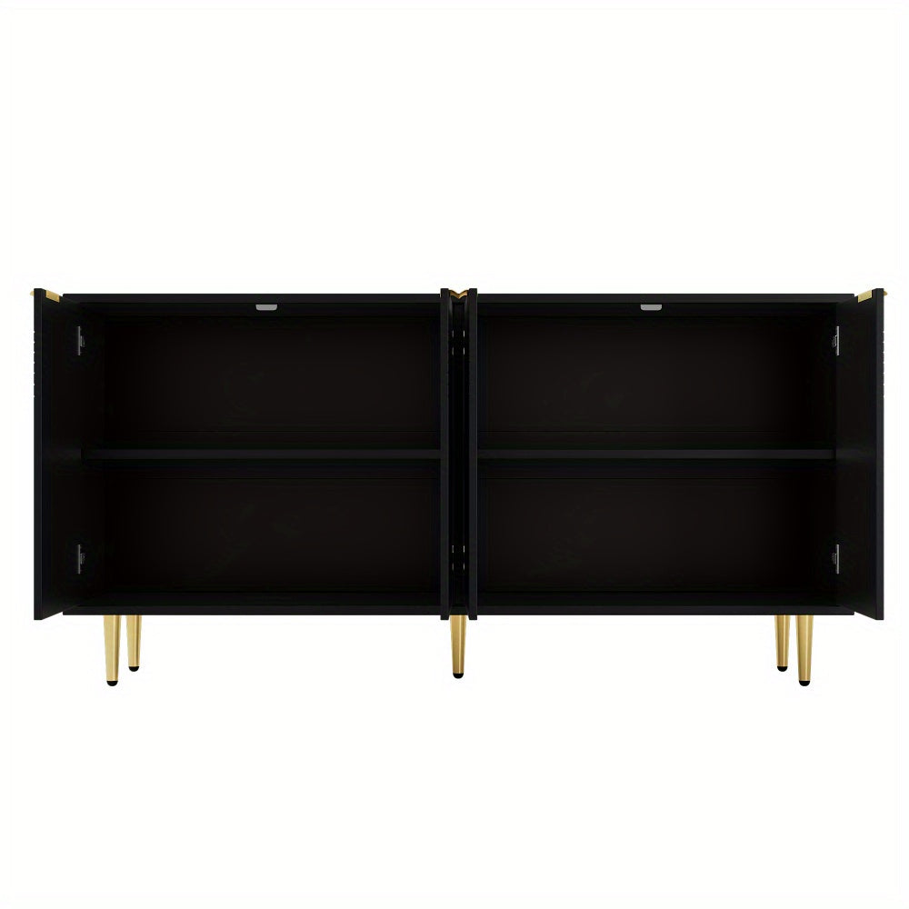 Dressoir – Dressoirkast – Opbergkast – Kast – Ladekast – Modern Design – Zwart MDF Met Hardhouten Afwerking – 160x80x40 cm – Vier Deuren Met Gouden Handgrepen