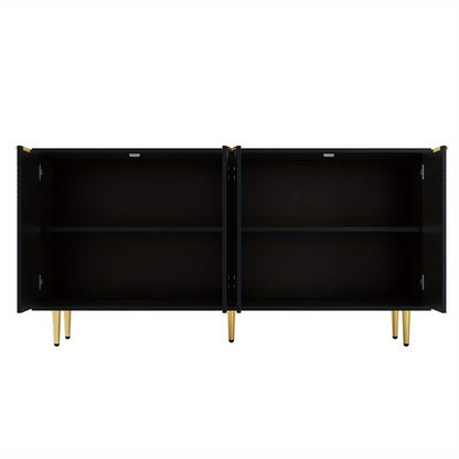 Dressoir – Dressoirkast – Opbergkast – Kast – Ladekast – Modern Design – Zwart MDF Met Hardhouten Afwerking – 160x80x40 cm – Vier Deuren Met Gouden Handgrepen