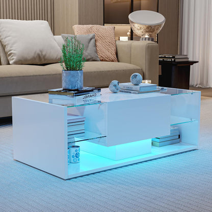 Salontafel – Woonkamertafel – Koffietafel – Tafel met Opbergruimte – LED Salontafel Wit – 100x50x35 cm – MDF en Glas Hoogglans