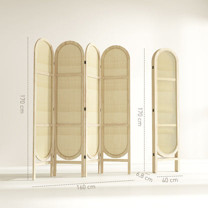 Roomdivider Houten Scherm – Kamerscherm – Scheidingswand – Room Divider – 4 Panelen – Opvouwbaar en Draagbaar – 170 x 160 cm – Natuurlijk Hout en Handgeweven Patroon