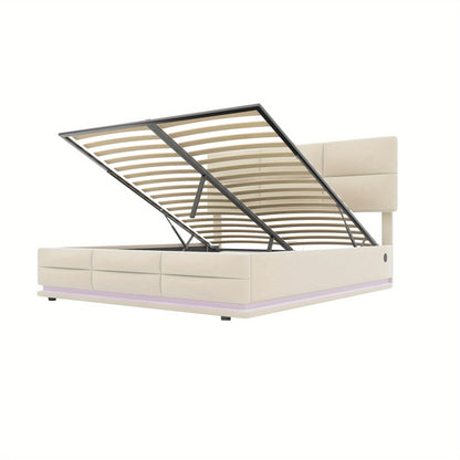 Bedframe – Bed – Bedbodem – Platformbed – Opbergbed – Beige – 140x200 cm – Hydraulisch Systeem – Zachte Huidvriendelijke Stof