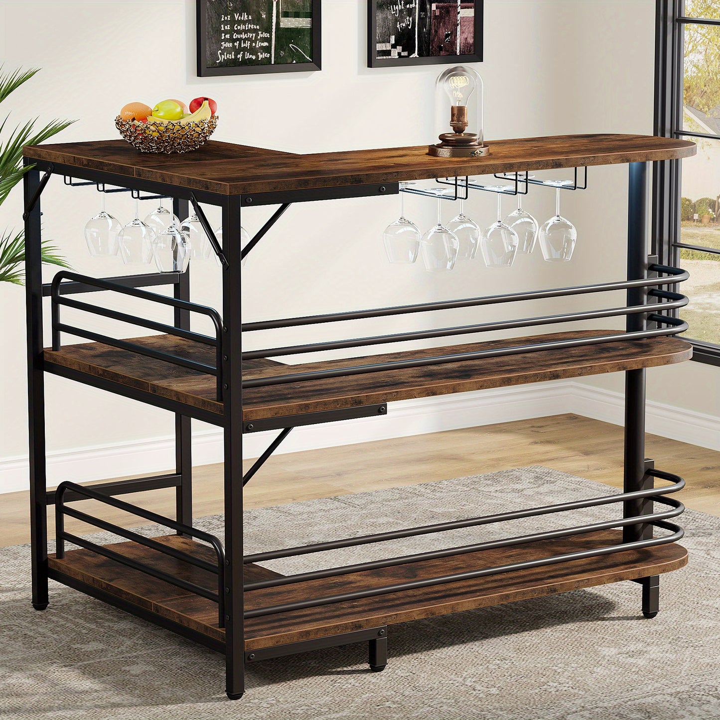 L-Vormige Hoekbar Tafel – Barmeubel – Mini Bar – Bar Cabinet – Home Bar – Drie Laags Met Wijnrek – Rustiek Bruin Hout – Compacte Opbergruimte