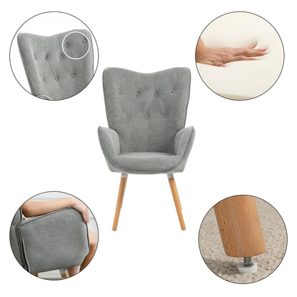 Fauteuil Scandinavisch – Zithoekstoel – Leunstoel – Lounge Chair – Relaxstoel – Grijs Stof – Houten Armleuningen – Afmeting 66x71x109 cm