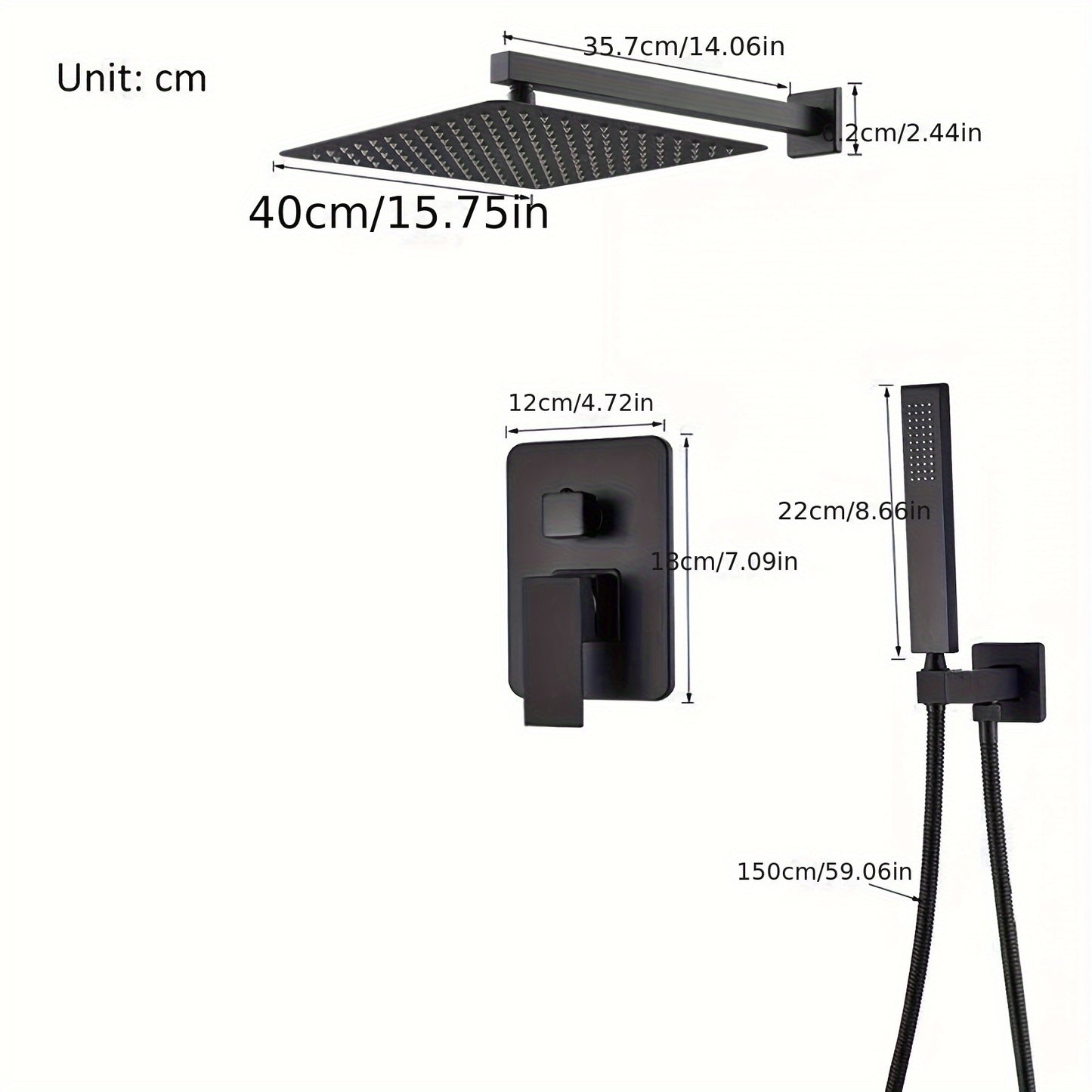 Doucheset Mat Zwart – Regendouche – Handdouche – Mengkraan – Douche Systeem – 40x40 cm Regendouche – Messing & RVS