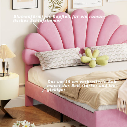 Tweepersoonsbed – Gestoffeerd Bed – Bedframe – Slaapbank – Opbergbed – 140x200 cm – Bloemvormig Hoofdbord – Zachte Velvet Bekleding