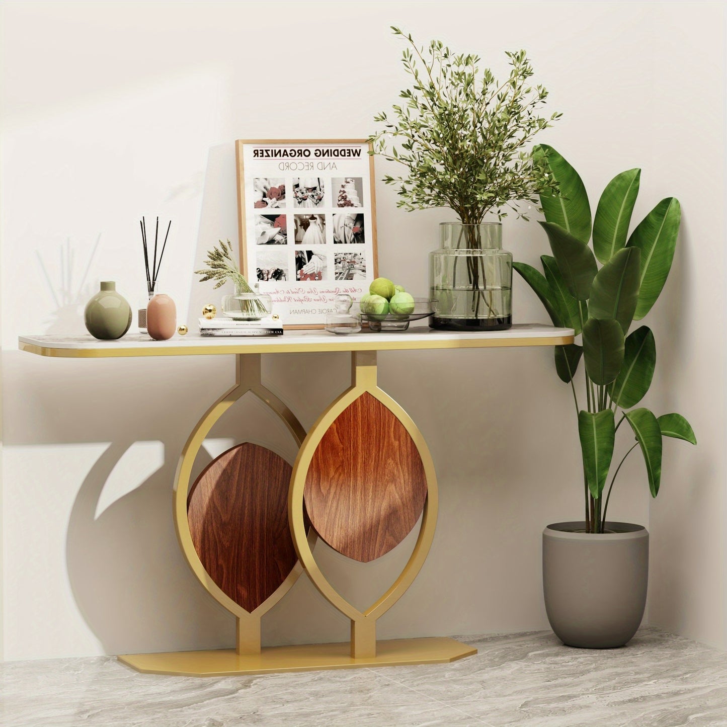 Sidetable – Bijzettafel – Haltafel – Console – Entreetafel – Luxe Sintered Stone Blad – Kras- en Hittebestendig – Gouden Metaal Onderstel – 99,79 KG Draagvermogen – 0,02% Waterabsorptie