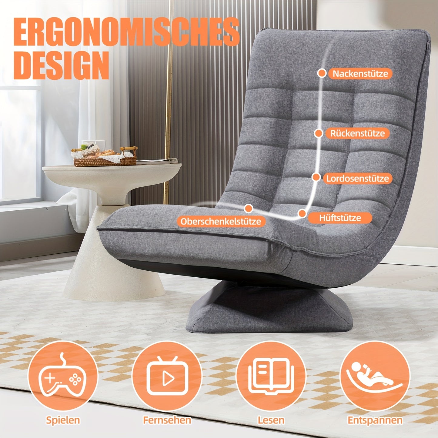 Ligstoel – Relaxstoel – Loungestoel – Tuinstoel – Recliner – 5-Posities Verstelbaar – 360° Draaibaar – Inklapbaar – Zwarte Katoenen Bekleding – Stevige Constructie