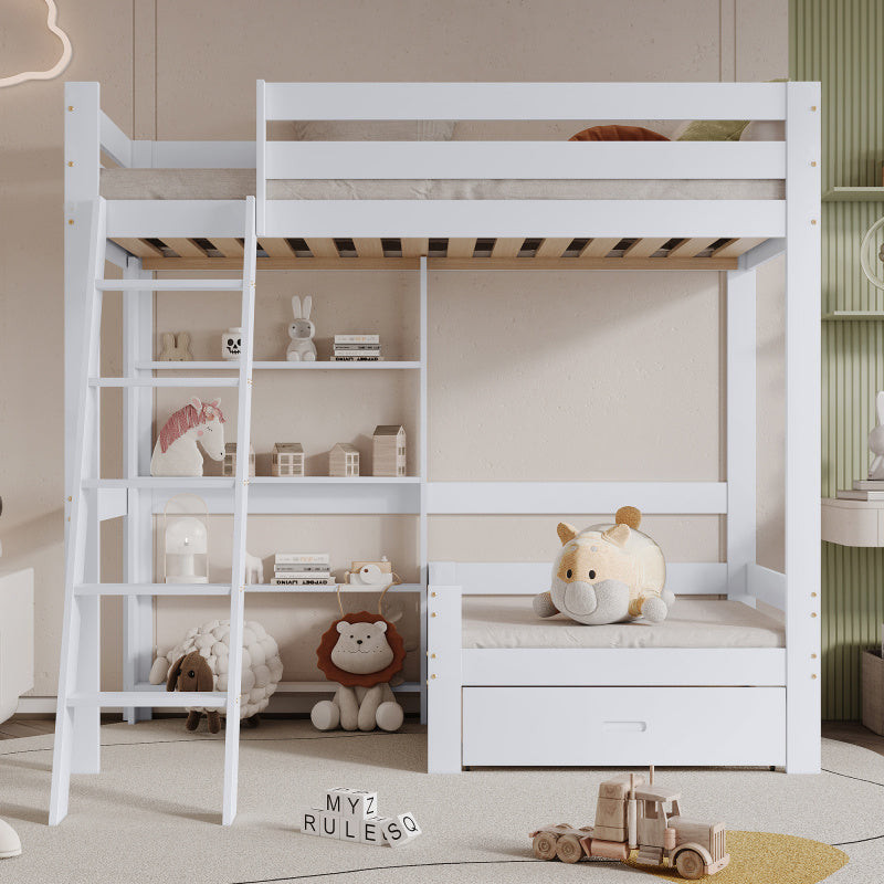 Hoogslaper – Kinderbed – Eenpersoonsbed – Halfhoogslaper – Stapelbed – Wit – 90x200 cm – Ruimtebesparend Met Sofa En Lade – Stevig Massief Houten Frame