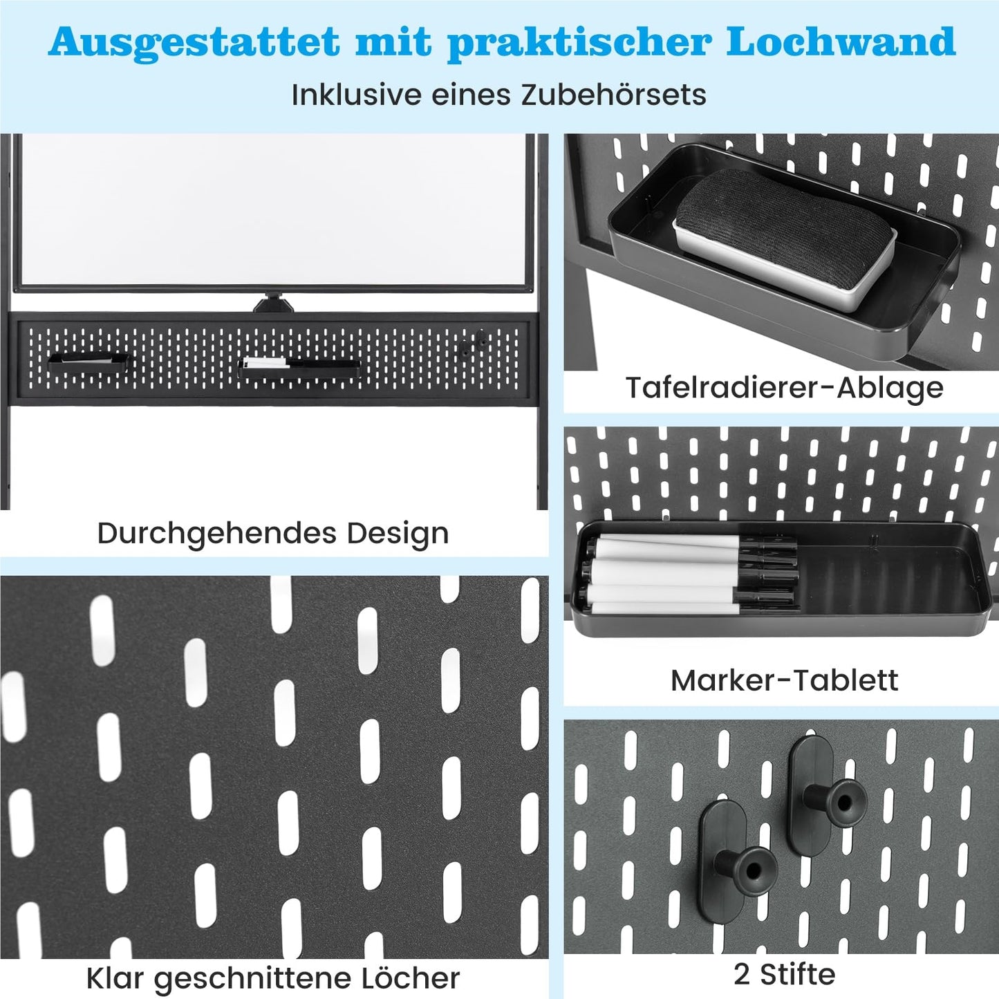 Mobiel Whiteboard – Droog Uitwisbaar Bord – Magnetisch Bord – Spiegelbord – Schoolbord – Dubbelzijdig – 120 x 90 cm – Hoogte Verstelbaar – Wieltjes Met Rem