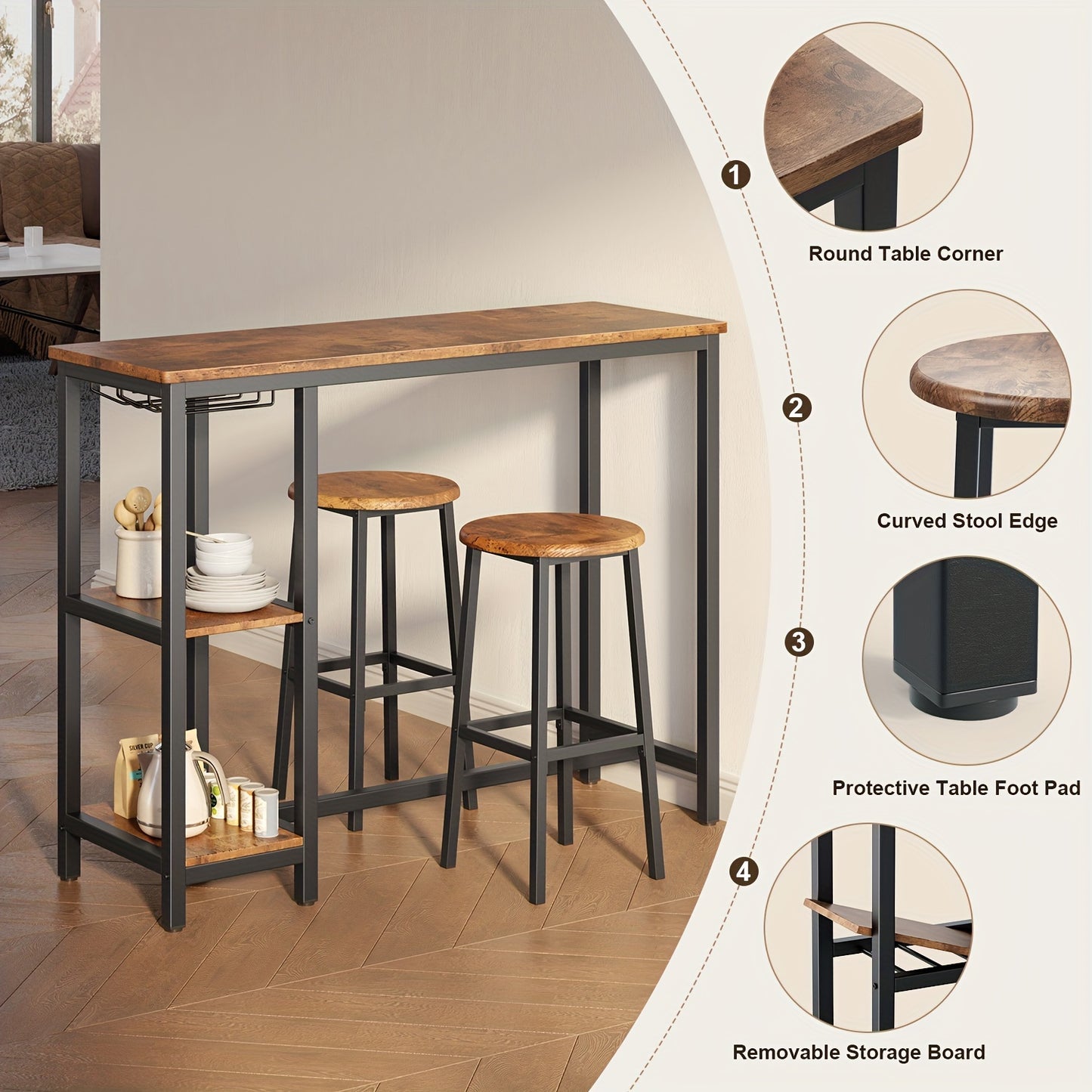 Bartafel – Barkruk – Barmeubel – Barset – Bartafelset – Vintage Kleur – Compact Ontwerp – MDF Houtafwerking
