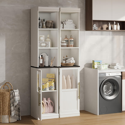 Hoge Smalle Badkamerkast – Opbergkast – Stellingkast – Kast Met Glazen Deur – Badkamermeubel – 177,8 cm Hoog – Massief Hardhout Met Eikenafwerking – Wit