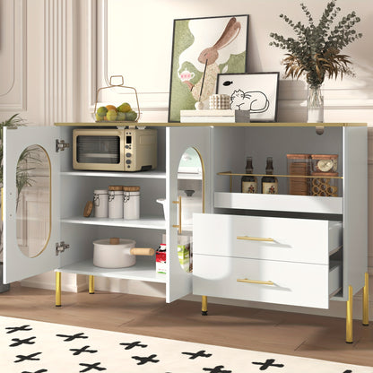 Wit Dressoirkastje – Opbergkast – Kastje – Bureaukast – Dressoir – 2 Lades & 2 Glazen Deurtjes – 3,2+ Kubieke Voet Opbergruimte – 68,5 cm Hoog – Vrijstaand – Gouden Accenten