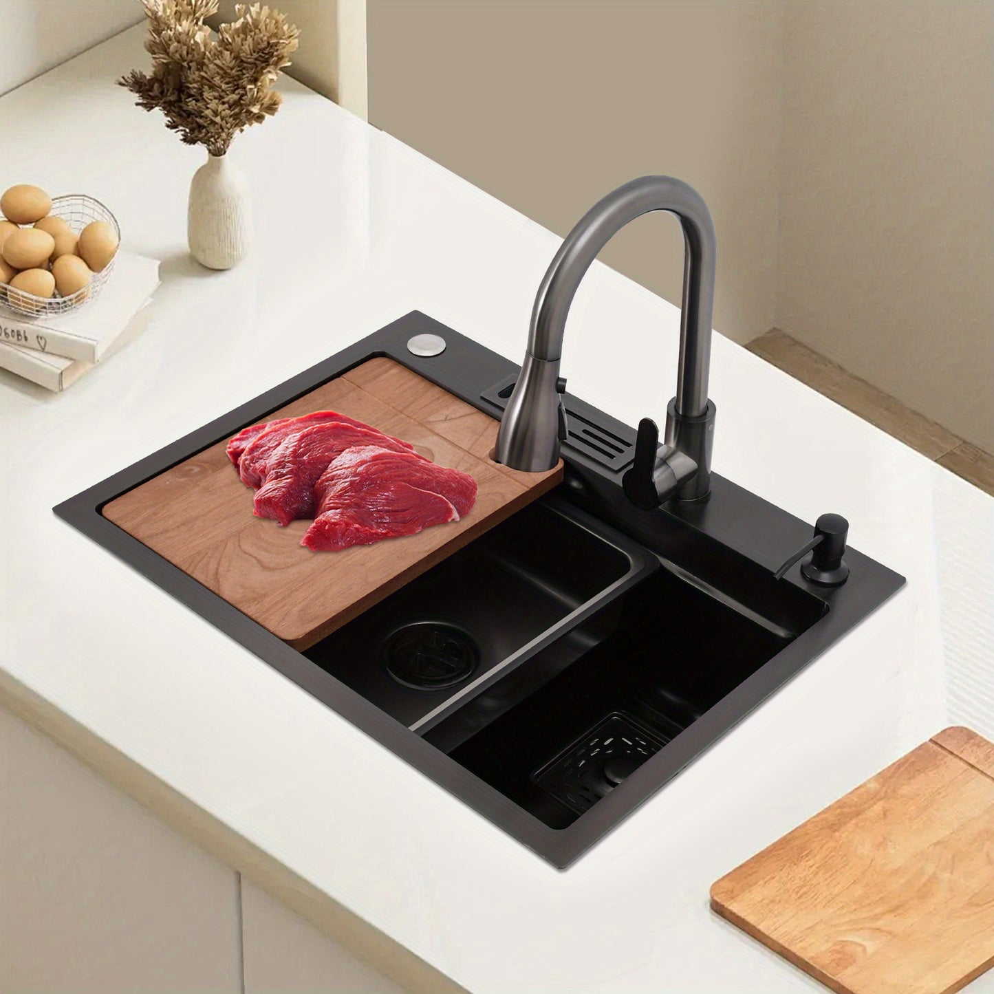 Sink set-60*45-Small waist pumping tap, stainless Steel Golden Rectangular Sink for Kitchens, Restaurants, Cafes, Bars, Hotels