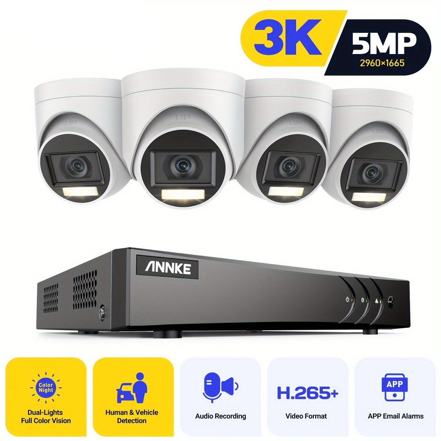 Beveiligingssysteem – Camerabeveiliging – Bewakingscamera – Veiligheidscamera – 4x 3K Cameras Wit – 5MP Super HD Beeldkwaliteit – Mens- en Voertuigdetectie Met Audio