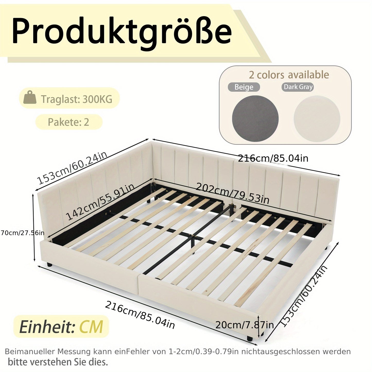 Tweepersoonsbed – Bedframe – Slaapbed – Logeerbed – Platformbed – Modern Hoog Hoofdbord – Stevig Bamboe Frame – Eenvoudige Montage – Ruimtebesparend – Grijs