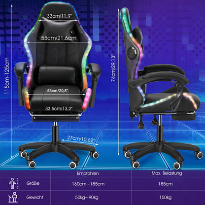 Black RGB Gaming Chair with Linkage Armrests, Foldable Base, Adjustable Height, Reclining Backrest, Footrest Support, Wooden Board Frame & Shaped Foam Cushion, Durable Nylon Base