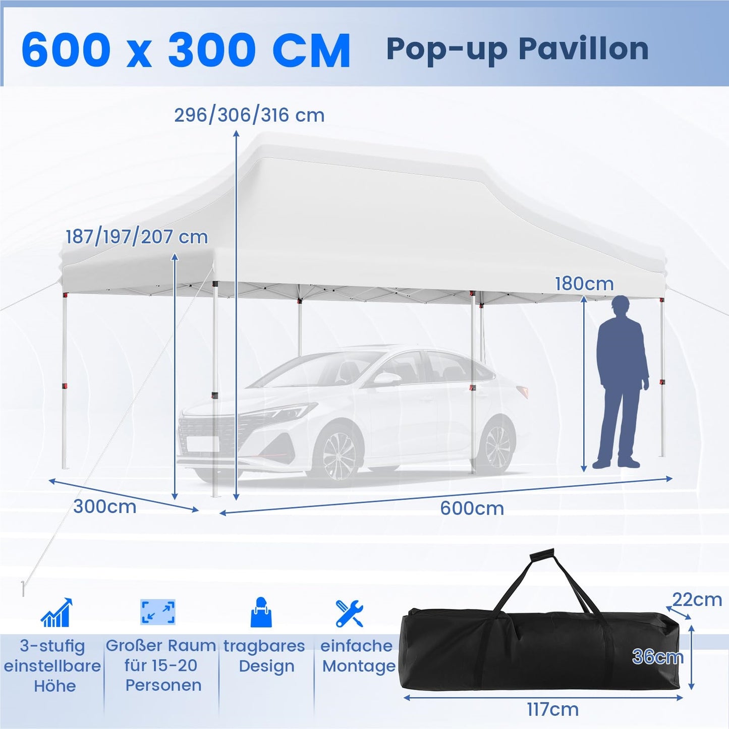 3 x 6M Partytent – Vouwpaviljoen – Tuinpaviljoen – Evenemententent – Tuintent – Waterafstotend – UV-Bescherming 50+ – Verstelbare Hoogte – Winterbestendig – Inclusief Draagtas – Wit
