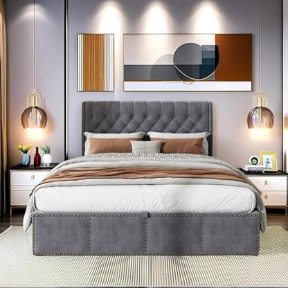 Boxspringbed – Opbergbed – Tweepersoonsbed – Slaapkamerbed – Hydraulisch Bed – Met Opbergruimte – Grijze Fluwelen Bekleding – Met Metalen Lattenbodem