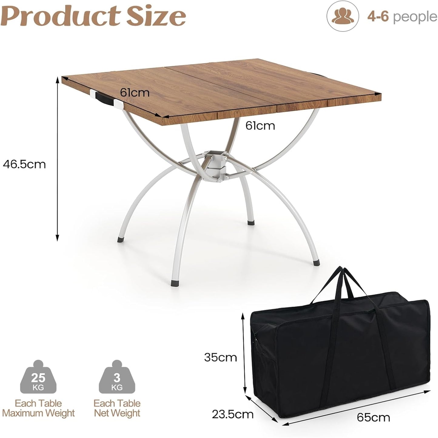 2-in-1 Campingtafel – Opvouwbare Tafel – Picknicktafel – Verstelbare Tafel – Connecteerbare Outdoor Tafel – Lichtgewicht Aluminium Frame – Houtprint Tafelblad